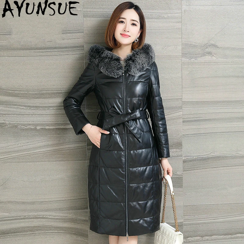 

AYUNSUE Female Genuine Leather Jacket Womens Winter Down Jacket Fox Fur Collar Long Sheepskin Coat for Women Veste Femme KJ971