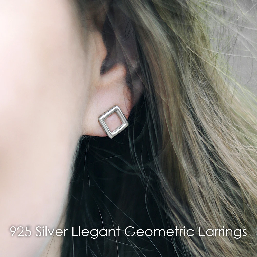 e-Manco Simple Hollow Out Quadrilateral Stud Earring 925 Sterling Silver Earring Elegant Minimalist Geometric Earrings