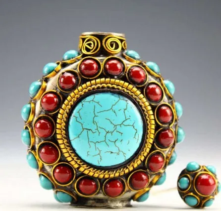 

Tibet Vintage Handwork Turquoise Coral Beads Snuff Bottle Free Shipping