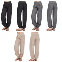 Женские Большие размеры средняя талия сплошной цвет длинные штаны широкие свободные штаны три пуговицы карманы эластичные для отдыха