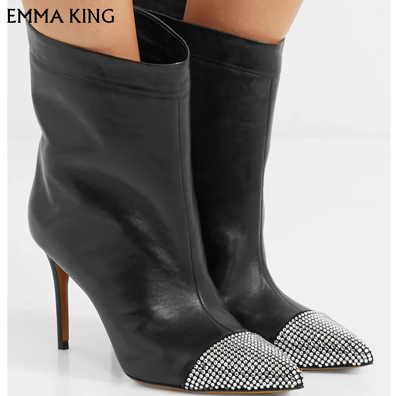 

EMMA KING Autumn And Winter New Fashion Women's Ankle Boots Crystal Pointed Toe Boots Leather Shoes High-Heeled Women's Shoes
