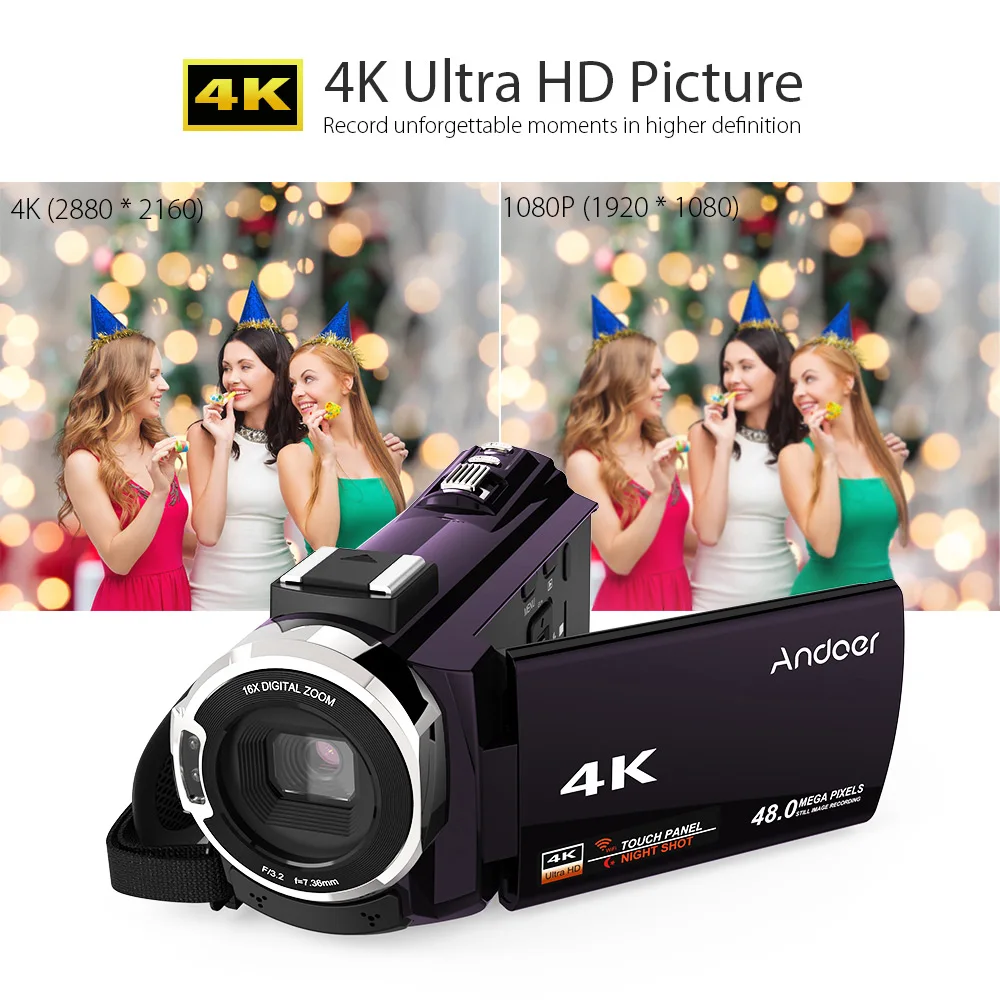 Andoer 4K 1080P 48MP WiFi цифровая видеокамера регистратор с 2 шт. аккумуляторами + 0.39X