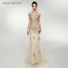 ANJO NOVIAS Long Real Elegante Dubai Árabe Vestido de Noite com Mangas 2018 Cristais Formal Longo Vestido De Festa Azul