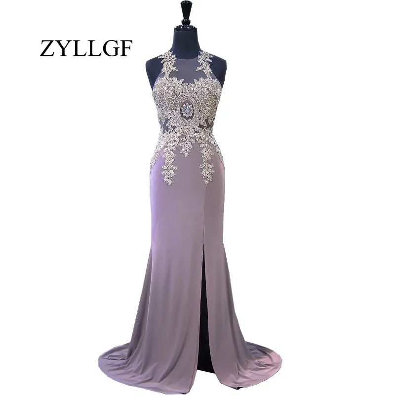ZYLLGF Sexy See Through Evening Dress 2019 Mermaid O neck Gold Applique