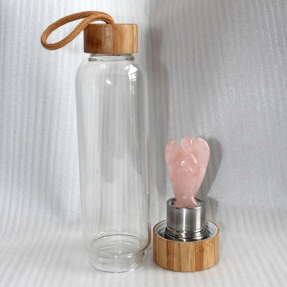 Натуральный розовый кристалл трехдюймовый Ангел кварцевые бутылки воды драгоценный камень бамбук Целебный Камень Elixir точка ручной чашка с резьбой палочка стекло