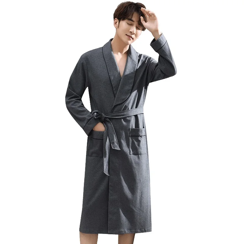 Spring Autumn Dark Grey Bathrobe Men 100 Cotton sleep top Kimono Robes