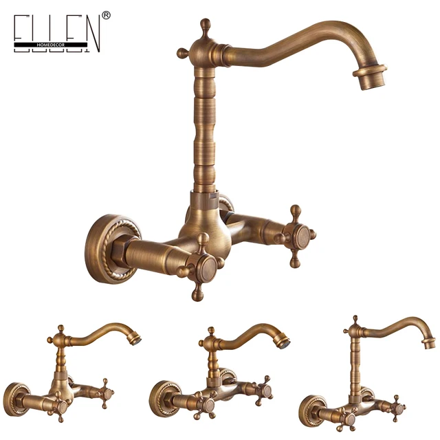 Cheap Wall Mounted Kitchen Sink Faucet Antique Bronze Sink Crane Hot Cold Water Mixer Tap Luxury Vintage Balcony Kitchen Faucet ELK44