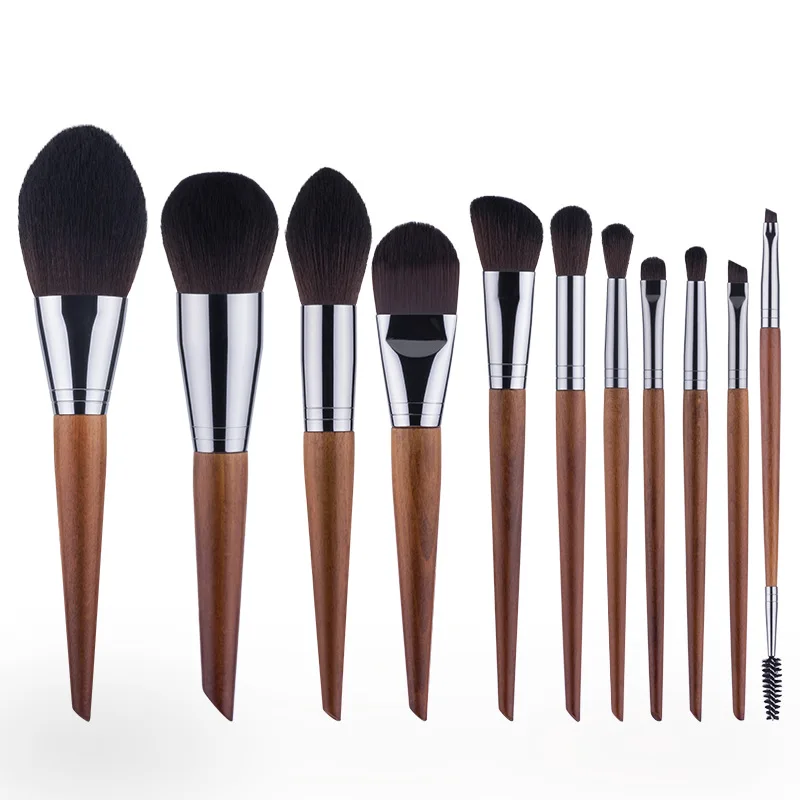 

11pcs Oblique Tail Wooden Handle Makeup Brush Imitation Mahogany Handle Makeup Pen Beauty Kit Eyeshadow Brush