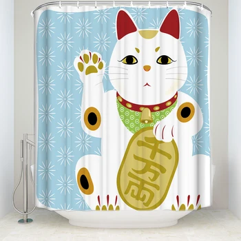 

New Arrival Waterproof Lucky Cat Printed Shower Curtain Polyester Fabric Cartoon Bathroom Curtains for Home Decorations