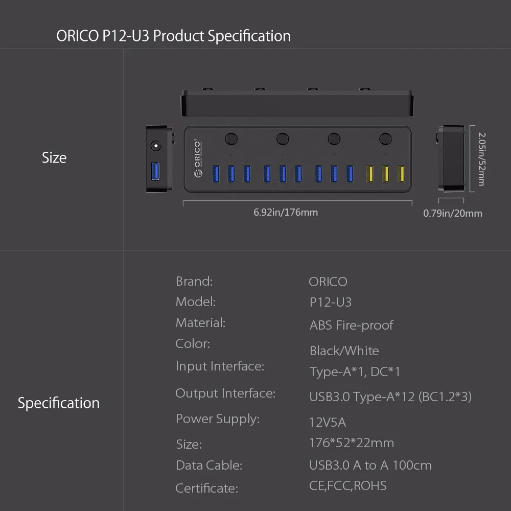 ORICO 60 Вт 12 портов USB 3,0 концентратор с переключателем, включая 3 порта BC1.2 для зарядки 5 Гбит/с Высокоскоростная передача данных USB док-станция