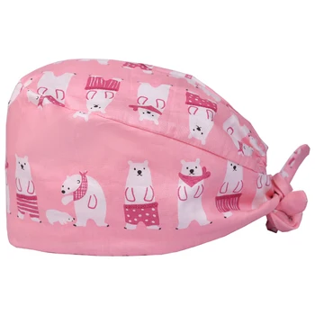 

Polar Bear Scrub Cap Nursing Surgical Hat in Pink 100% Cotton Tie Back Straps with Elastic Dentist Anatomy Medical Hospital Hats