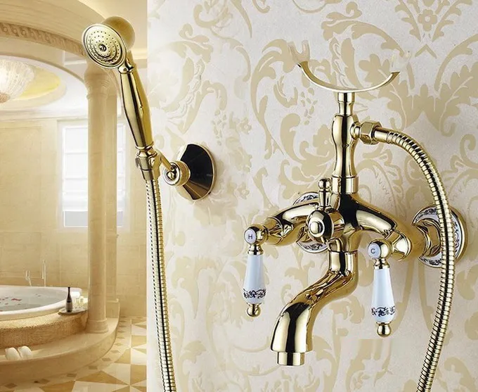 

Luxury Gold Color Brass Bathroom Wall Mounted Handheld Shower Bath Tub Faucet Mixer Tap With Shower Head Bracket Holder atf406