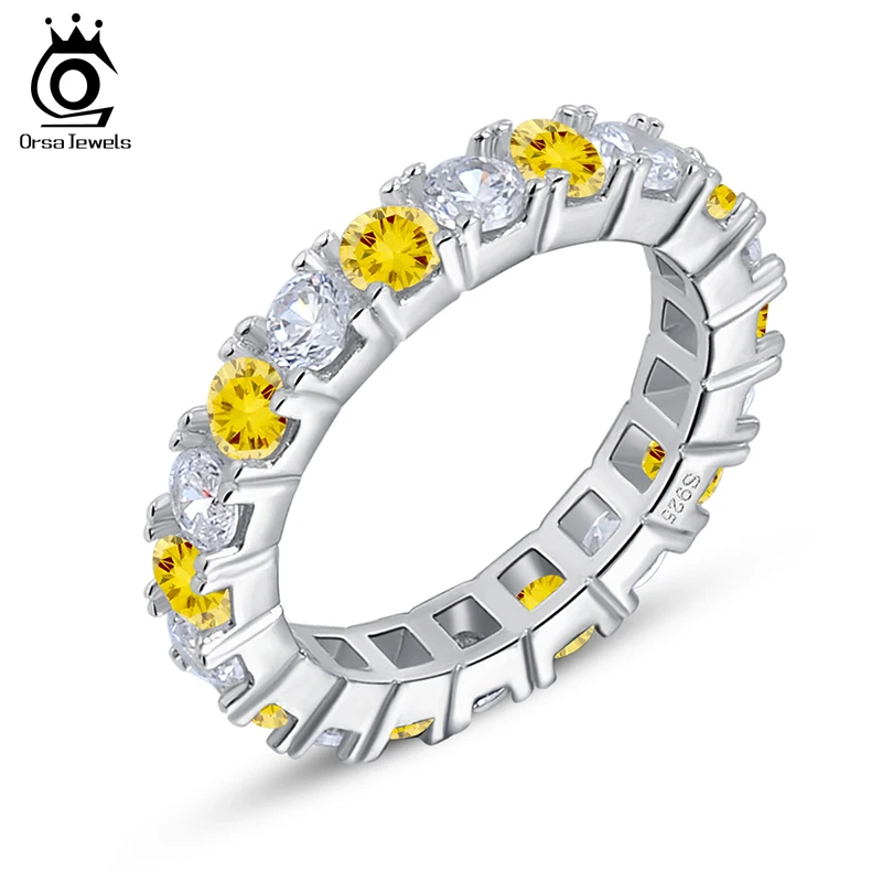 ORSA JEWELS Luxury Yellow & Clear Austrian Zircon Women Wedding Bands Ring Silver Color Fashion Jewelry OR60