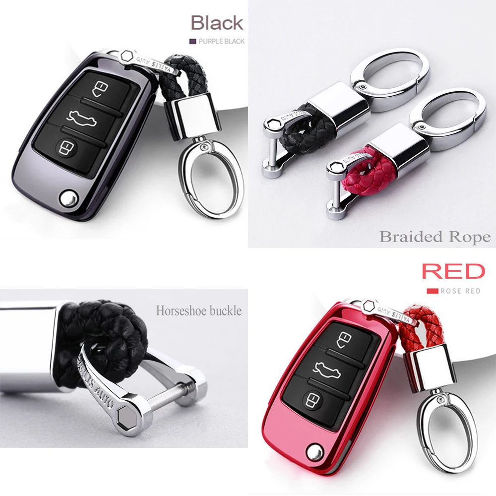 

For Audi A1-A7 TT Q3 Q5 Q7 R8 S6 S7 S8 SQ5 RS5 Metal snap Braided Leather Rope keychain TPU Soft car Folding key shell cover set