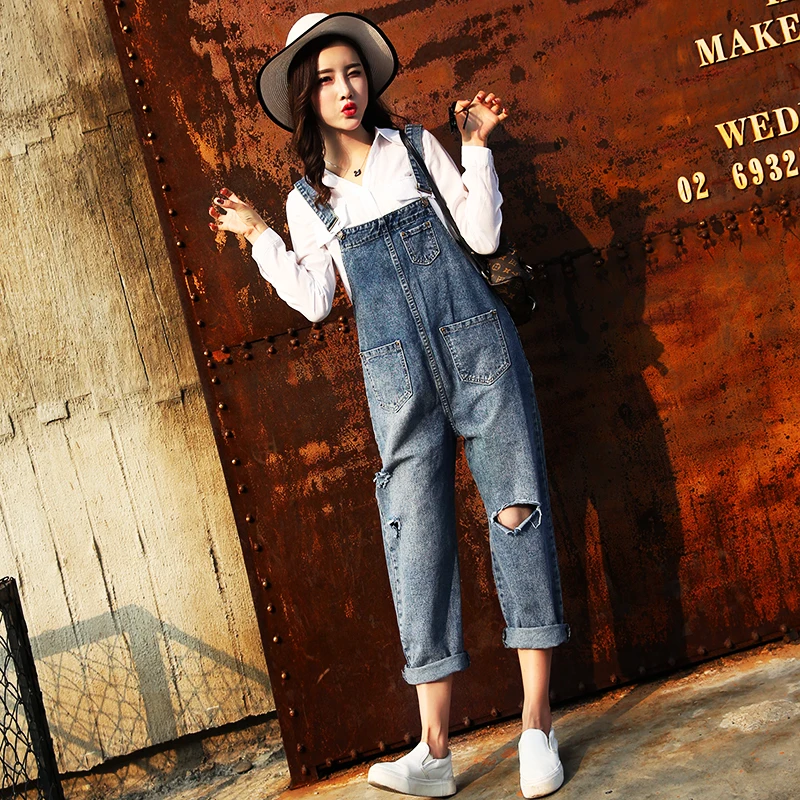 

Ripped Hole Jeans Women Jumpsuit Denim Romper Overalls Casual Ankle-Length Pant Vaqueros Basic Denim Pants Rompers Female