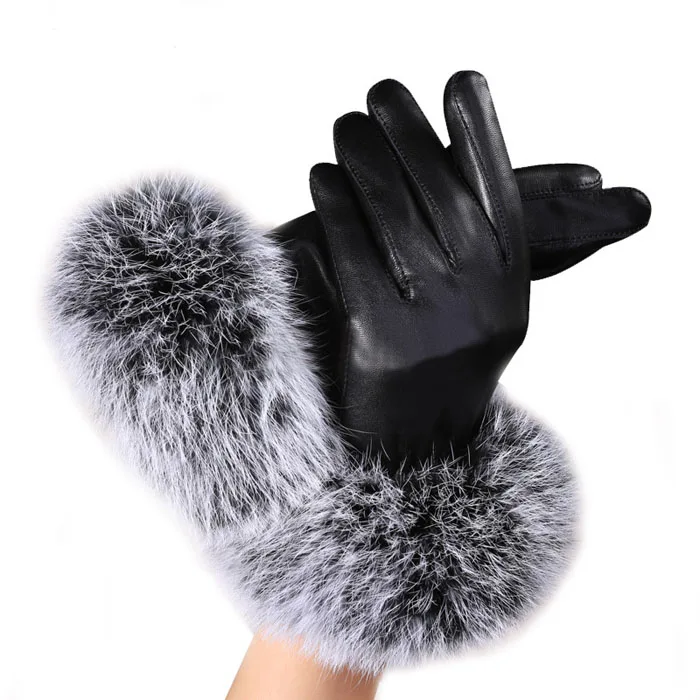 Новые модные женские черные осенние зимние теплые кроличьи меховые варежки перчатки повседневные женские перчатки кожаные перчатки для женщин