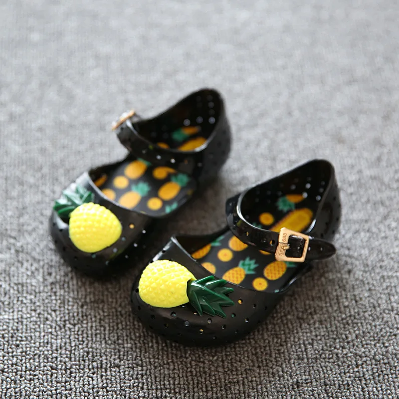 Mini Melissa/Женская обувь; Новинка года; детская обувь с дырками, украшенная фруктами; нескользящая прозрачная обувь; обувь для девочек из ПВХ на резиновой подошве - Цвет: BLACK