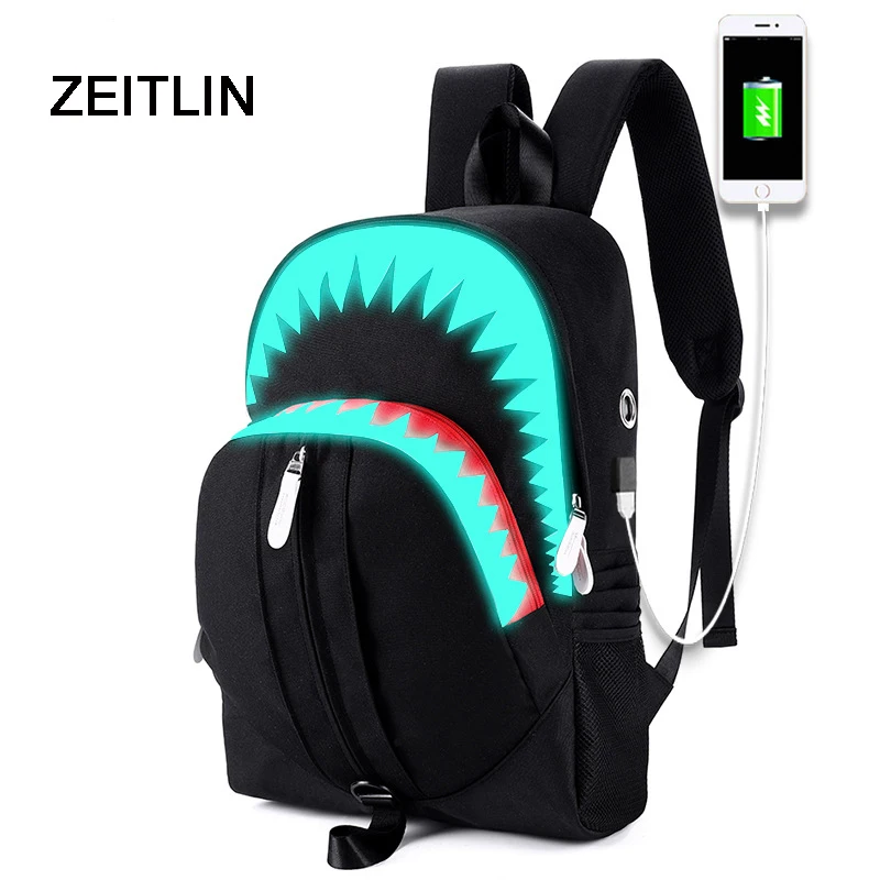 Luminous Oxford Backpack USB Charging Rucksack Student Schoolbag  Unisex Big Mouth Shark Bagpack Bolsa Feminina 2018 S658