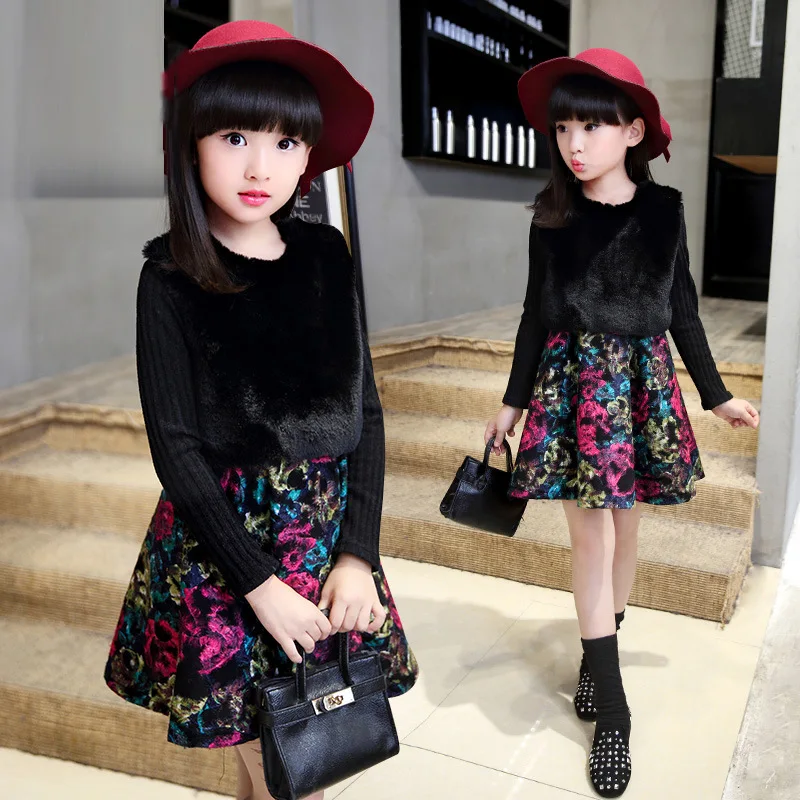 

Costumes Princess Dress Girl Christmas Dress Fur Long Sleeve 2016 Autumn Winter Kids Clothes Rose Floral Children Dress for Girl