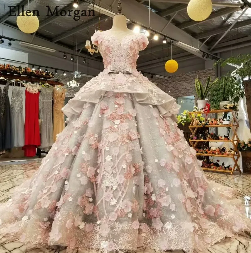 Silver Ball Gowns Wedding Dresses 2019 Boat Neck Flowers Lace