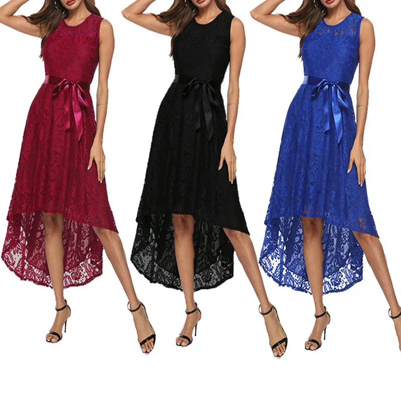 5 цветов плюс размер 5XL Женские кружевные вечерние платья Kenancy Высокая Низкая нерегулярная женская одежда круглый вырез без рукавов ремни