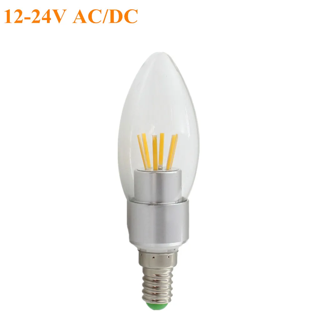 E14 C35 светодиодный лампы в форме свечи 12V 24V AC/DC 3W нити светильник 6 s люстра COB 360