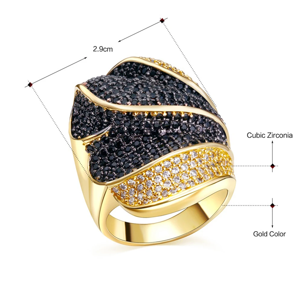 Stunning Luxury jewellery black crystal big ring bijuteria feminina fashion Jewelry White and Gold color large Ring's for party