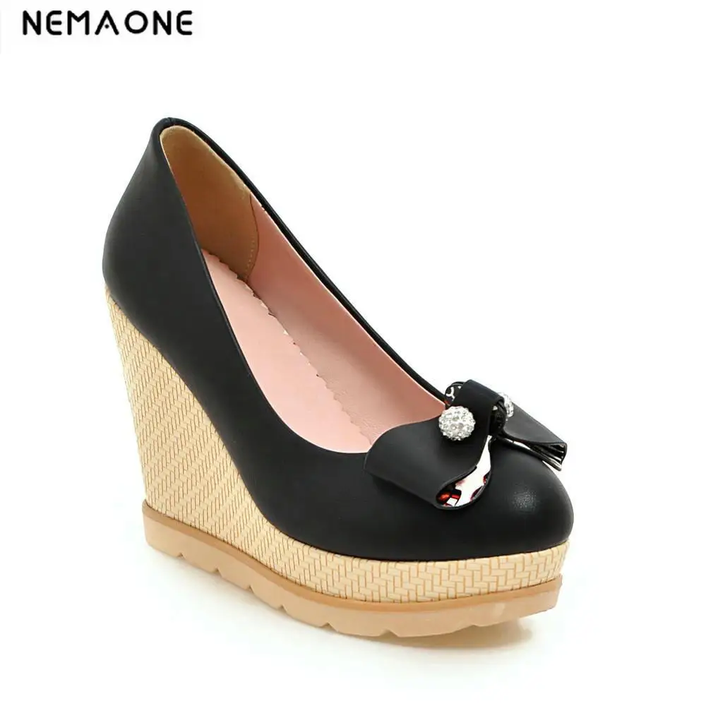

2018 New Bow Tie Slip On Wedges High Heels Women Pumps Round Toe Pu Platform Autumn/Spring Lady Party Shoes Size 34-43