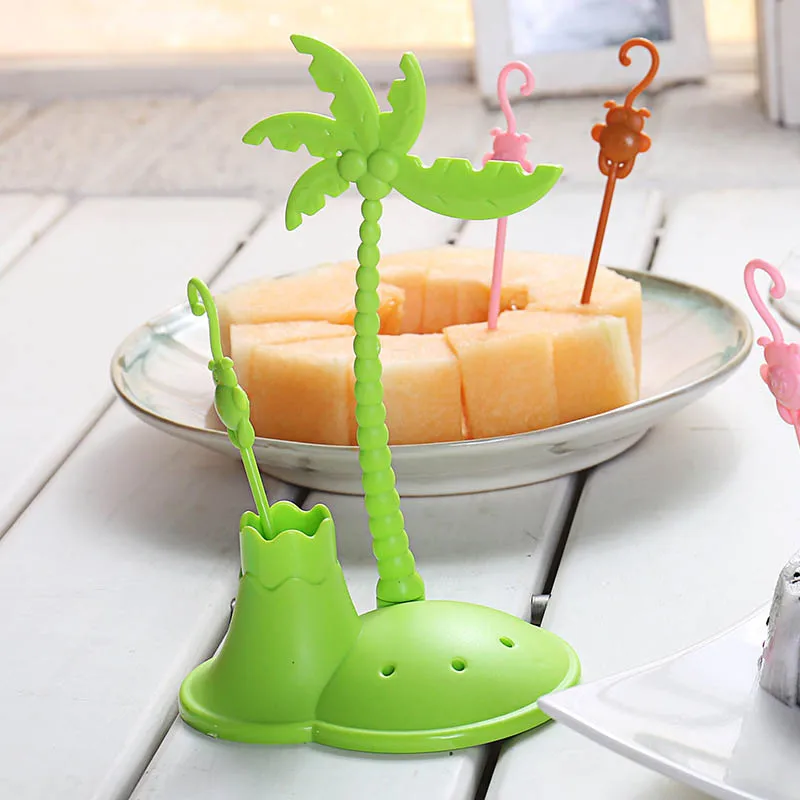 FHEAL Cute Coconut Tree Monkeys Creative Fruit Fork Set Plastic Fruit Forks Vegetable Fruit Dessert Fork Set Toothpick Holder (13)