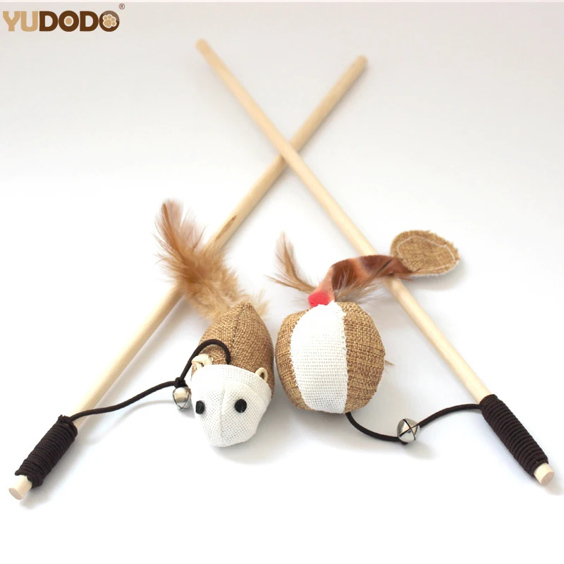 Cat Toys Mouse Ball Feather Training Toys For Teasing Kitten Interactive Scratch Wooden Stick Elastic Rope Pet Toys