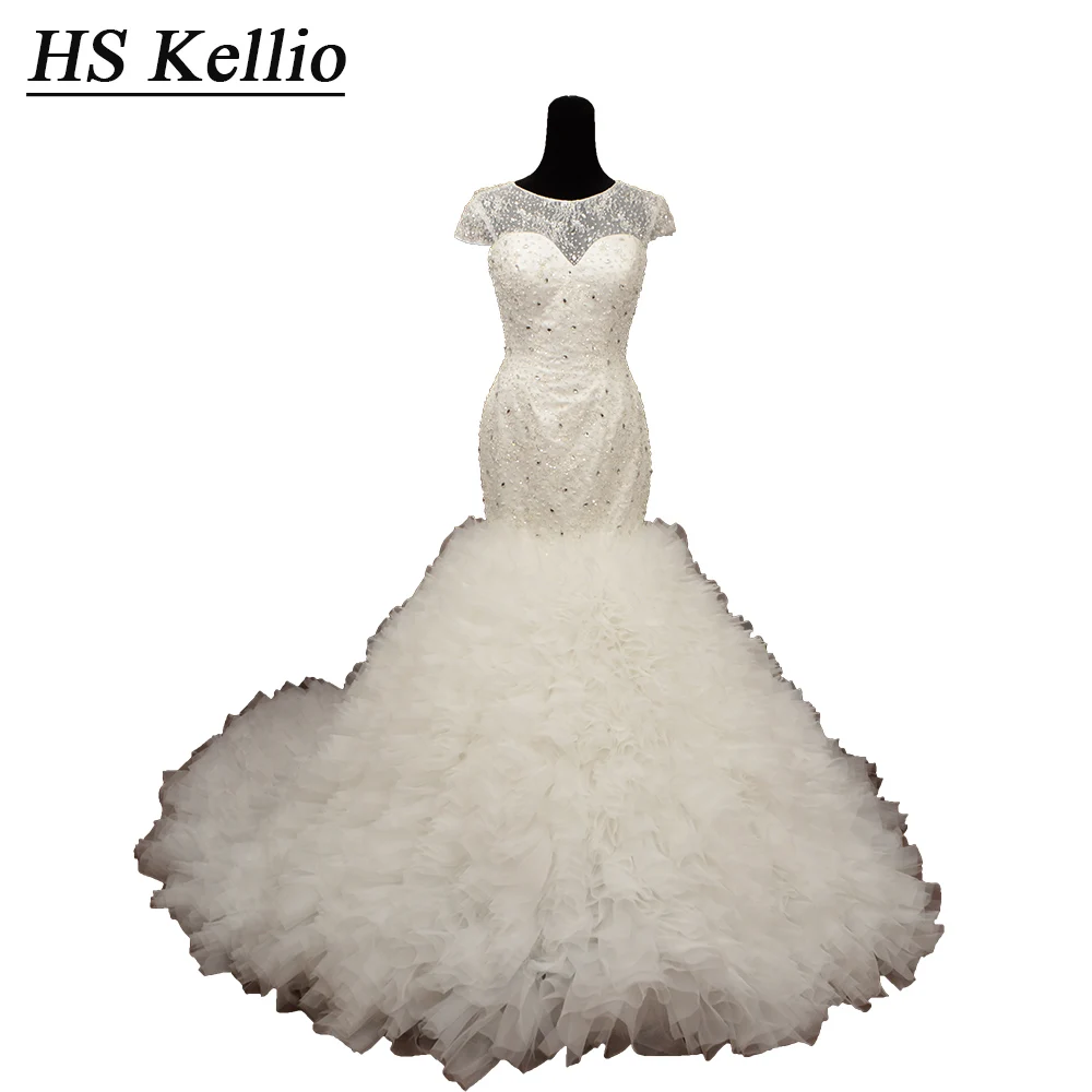 

HS Kellio Hot Quality Ruffled Wedding Dresses Handmade Beaded Bodice Lace Mermaid Bridal Dress Vestido De Novia