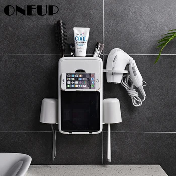 

ONEUP Automatic Toothpaste Dispenser Dust-proof Toothbrush Holder with Cups No Nail Wall Stand Shelf Bathroom Organizer Set