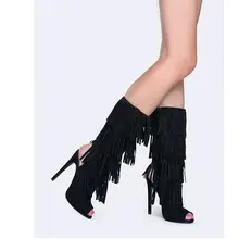 Дизайнер черный замши тонкий высокий каблук fringe сапоги по колено подвергаются пятки peep toe кисточкой длинные сапоги размер US10