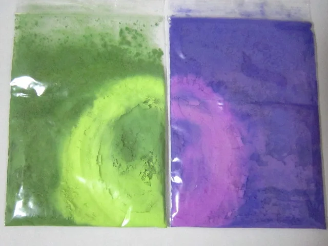 

Thermochromatic Pigment Purple to Red,Green to Yellow Transition Turns color at Around 33 degree Mix with paint, glue, resin etc