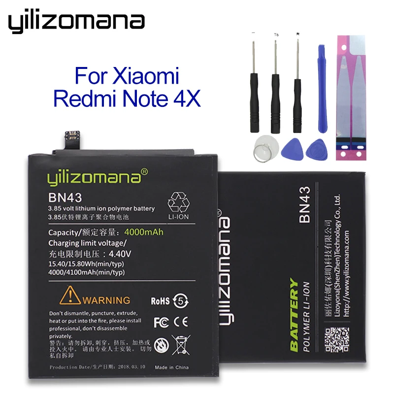 

YILIZOMANA High Capacity 4000mAh Replacement Phone Battery BN43 For Xiaomi Redmi Note 4X / Note 4 Global Snapdragon 625 + Tools