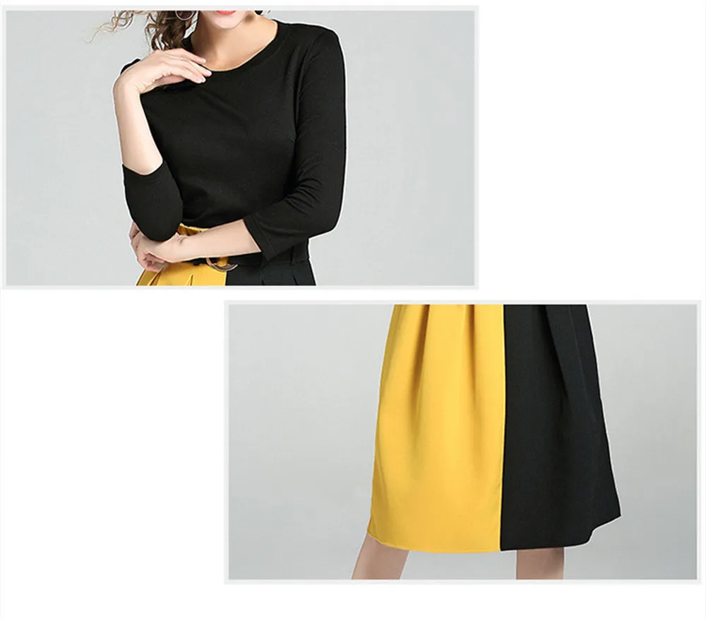 Fashion contrast color dress A Line Office Lady dress Autumn Bodycon Dress Vestidos Hollow out Patchwork Dresses Spring  (13)