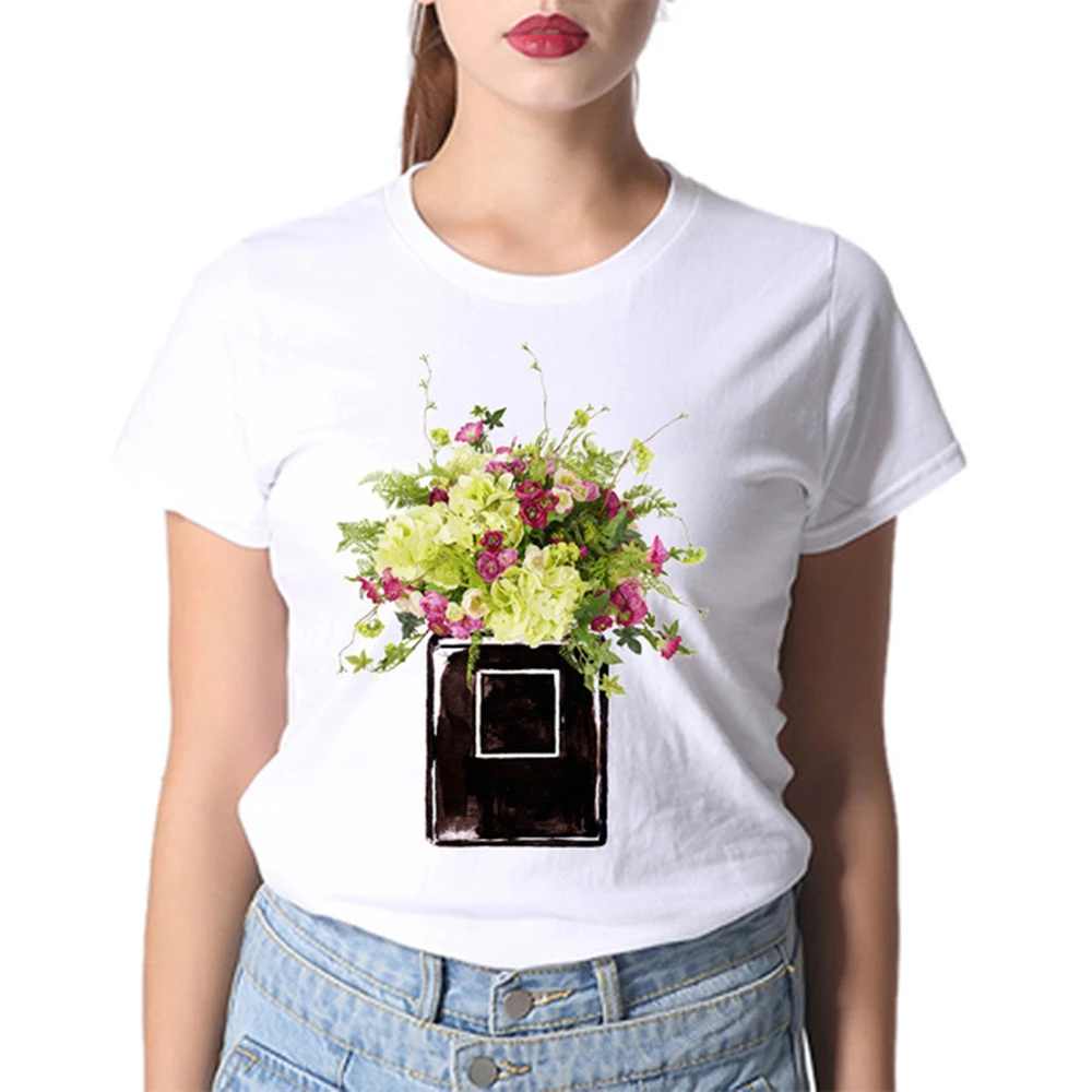 

New Fashion Women Harajuku T shirt Flower Perfume Print Short Sleeves Casual female vogue clothing