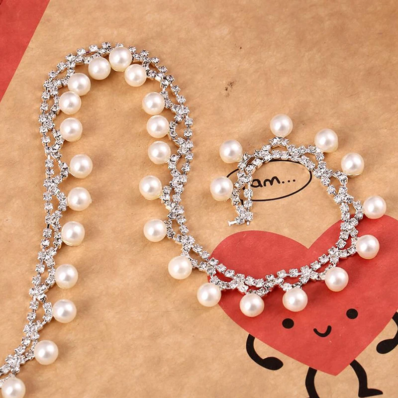 

1Yd Pearls Trim Sewing Tassel Fringe Trimming Bridal Crystal Clear Rhinestone Appliques For Wedding Dress Belt DIY Accessories