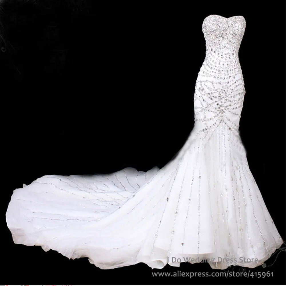 Glamorous Long White Satin Mermaid Wedding Dress Luxury Sweetherat Neck ...