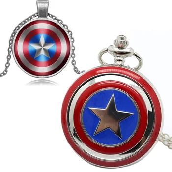 

Steampunk Boy's Captain America Avengers Shield Quartz Pocket Watch Necklace Pendant Creative Fob Chain Fashion Gift Set Box Men