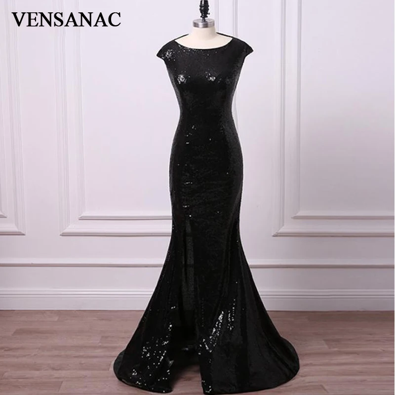 VENSANAC 2018 O Neck Sequined Split Long Mermaid Evening Dresses Elegant Party Zipper Back Sweep Train Prom Gowns