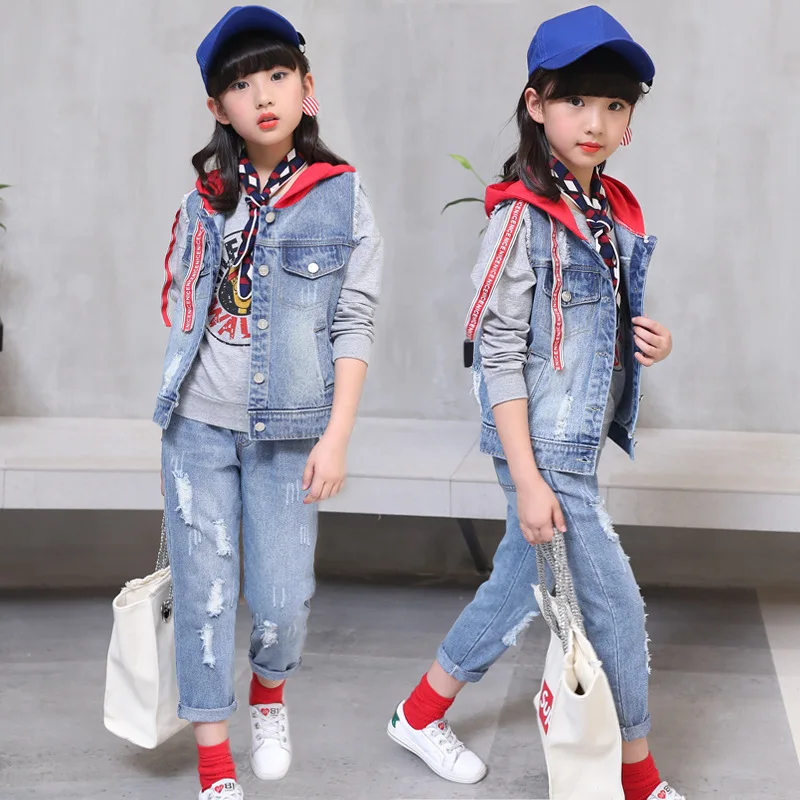 2020 new fashion baby girl clothes spring and autumn girls denim hooded  coat + holes jean trousers body suit girl clothing sets - AliExpress