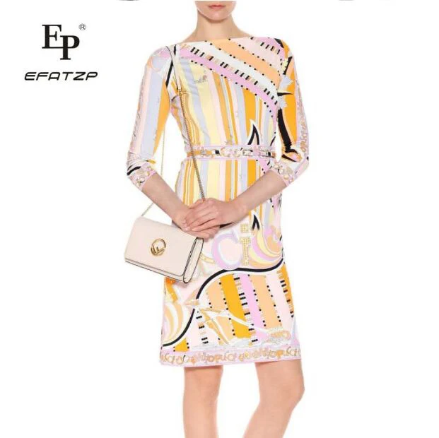 

EFATZP Fashion Casual Lady Summer wear Women's Slim with belt beautiful print elastic knitted dress