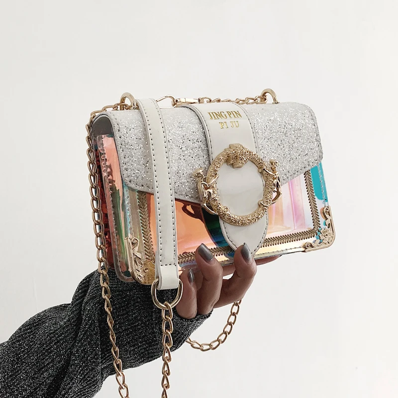Прозрачные лазерные цепи квадратный сумка женская через плечо сумки мода 2019 г. Новый высокое качество ПВХ блесток женские дизайнерские