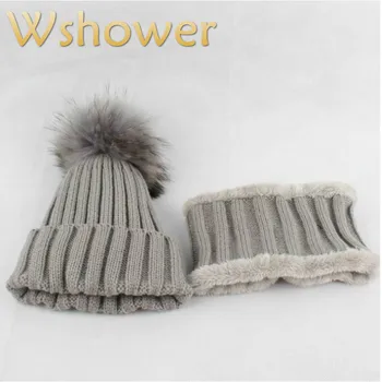 

Fashion Warm Winter Hat Scarf Set For Kids Girl Boy Knitted Hat Neck Ring Set Children Real Fur Pompom Hat Beanie Neck Warmer