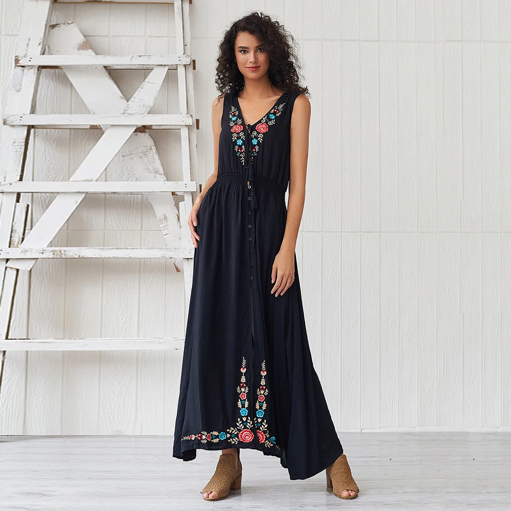 

Women's dresses Summer Casual Embroidered V-Neck Lace Sleeveless Split beach wear party ladies boho long maxi Vacation Dress