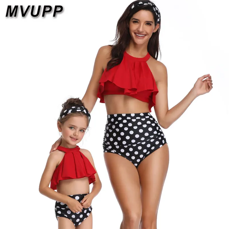

mother daughter swimsuit matching outfit family look polka dot print swimwear mommy and me bikini swimming clothes with Headband
