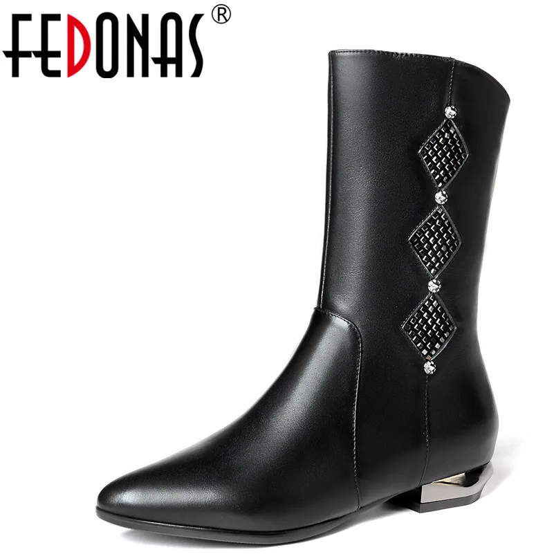 mid calf high heel leather boots