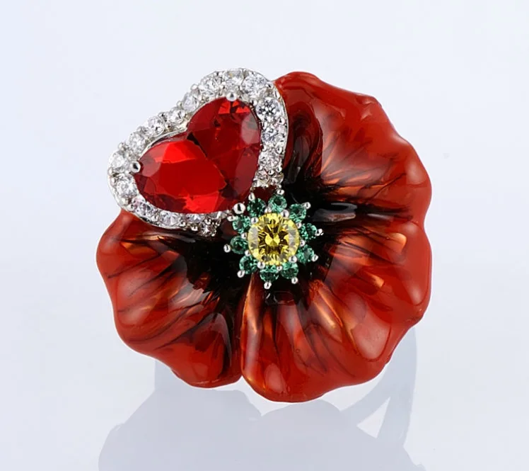 Роскошные свадебные кольца в форме Красного цветка в форме сердца для женщин ручной работы эмаль с серебряным цветом обручальное кольцо ювелирные изделия Подарочные Кольца