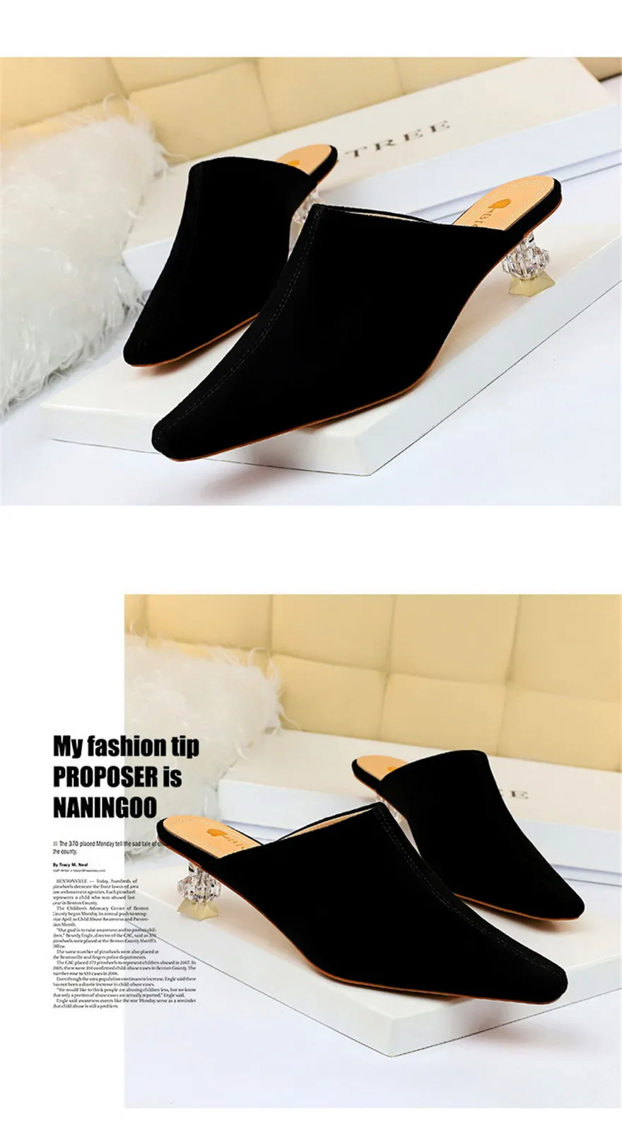 Удобные шлепанцы на среднем каблуке 5 см; Baotou; новые женские элегантные прозрачные шлепанцы на каблуке с кристаллами; женская обувь из флока с глубоким квадратным носком